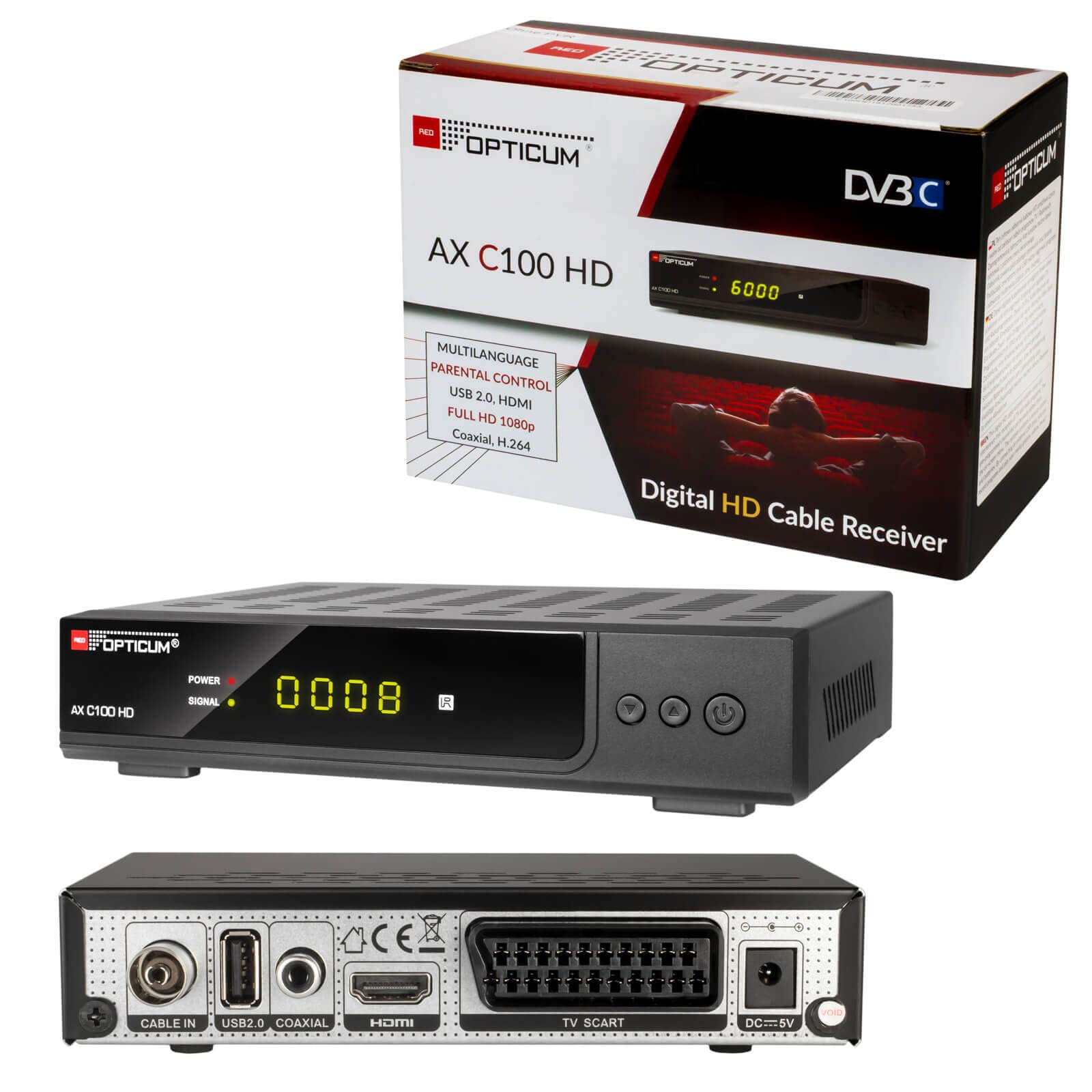 Kabel Receiver DVB-C Set: HB DIGITAL Opticum AX C100 HD PVR DVB-C Receiver für Kabelfernsehen mit Aufnahmefunktion + HDMI Kabel (Full HD Ready, HDTV, HDMI, SCART, USB 2.0, SPDIF Koaxial Ausgang)