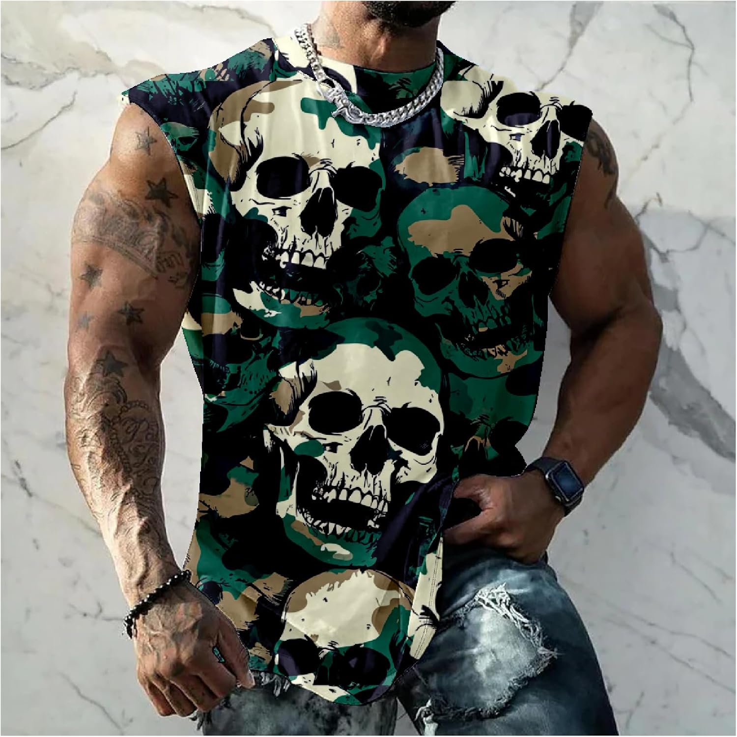 Graphic Tank Tops Men Skull Printed Sleeveless Summer Oversized Loose Gym Workout Breathable Sportswear - Image 2
