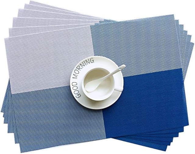 Addfun® Place Mats, Set of 6 Washable Lattice Colorful Table Mats Non-slip Insulation PVC Mats for Dinner Table(Blue)