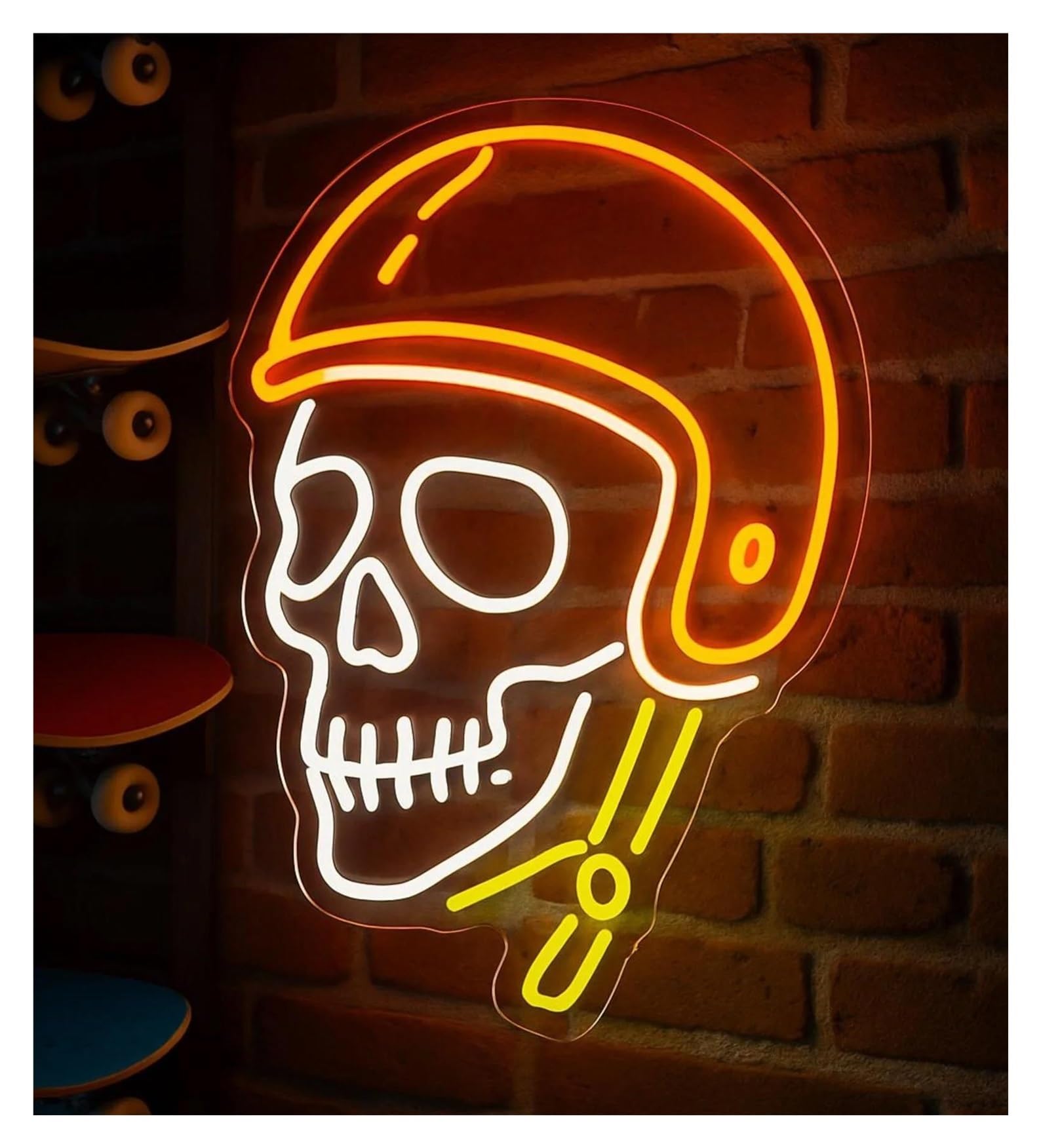 Hanging Art Signs Skeleton in Helmet Neon Sign for Game Room Skateboard Club Store Decorative Lamps Adjustable Brightness 43cm