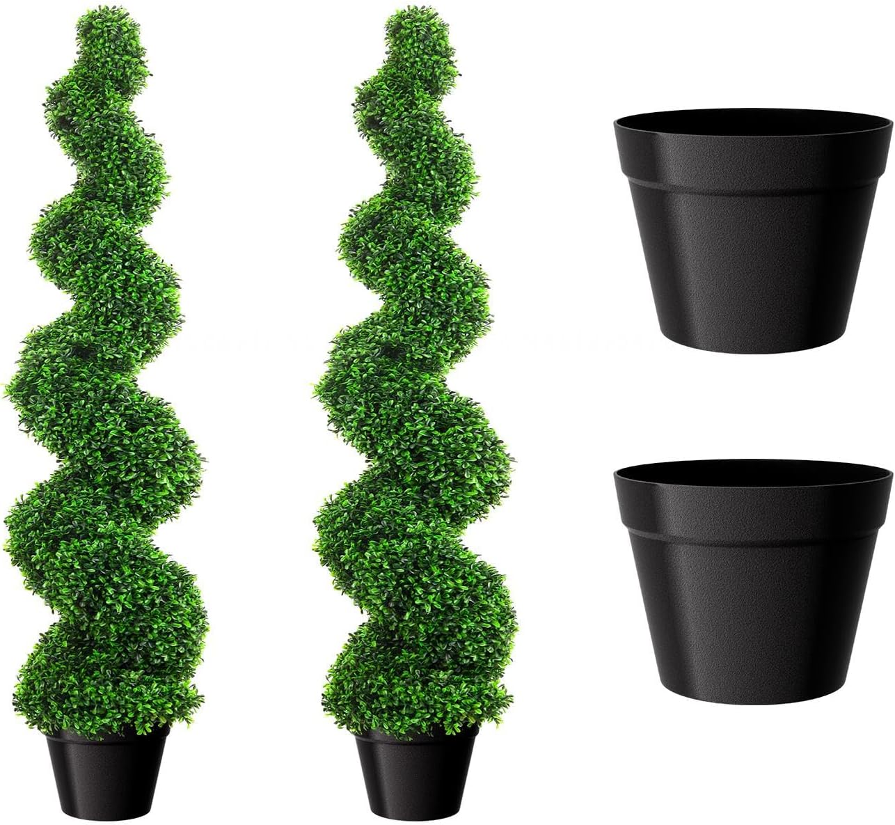 4FT Artificial Spiral Boxwood Topiary Trees with Weighted Flower Pot, All-Year Green Faux Plant Outdoor (2 Pack), UV-Resistant PE Material Fake Plant for Garden, Porch, Entryway Decor