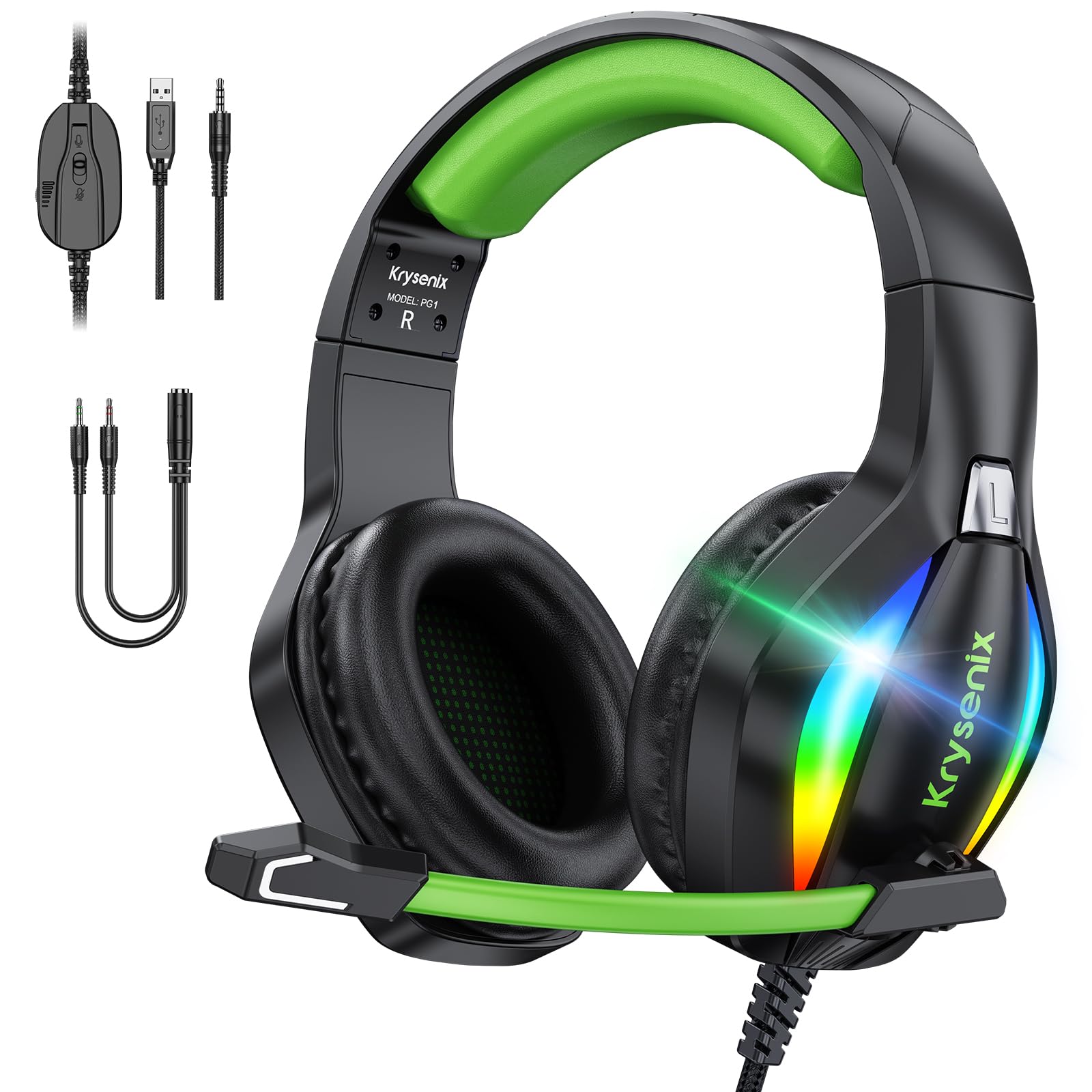 Krysenix PG1 RGB Gaming Headset für PS4, PS5, PC, Xbox,Switch, PS5 Gaming Kopfhörer mit LED Licht, Over Ear PC Headset mit Noise Cancelling Mikrofon und 3,5 mm Klinke,Dunkel grün