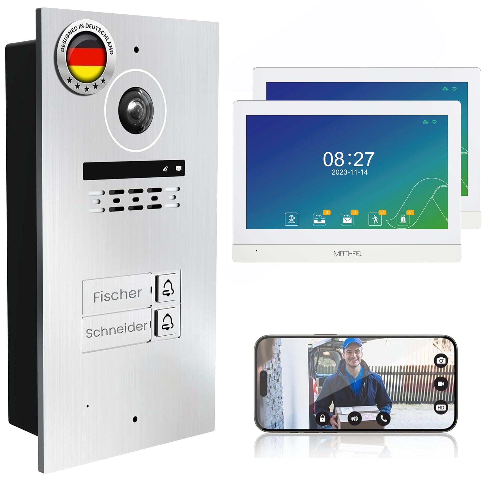 Mathfel 2 case di famiglia, 2 fili, bus Wi-Fi, videocitofono, 4 monitor touch screen da 10 pollici, con fotocamera grandangolare da 2 megapixel, 170 gradi, stazione esterna in argento con incisione