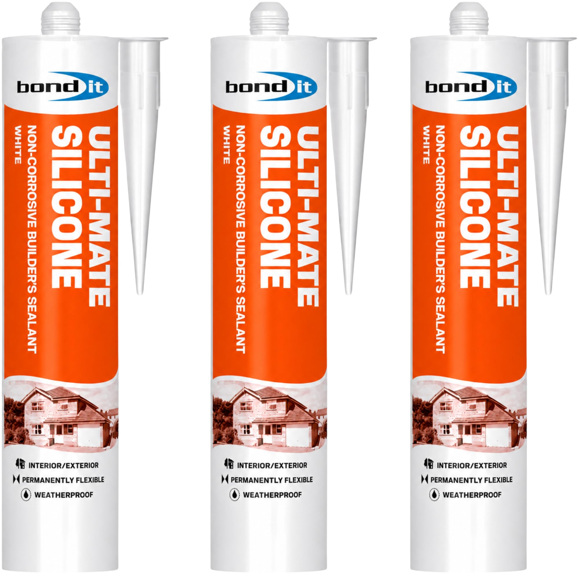Bond It ULTI-MATE Neutral Cure Builders Silicone Sealant White Pack 3 x 285ml – Waterproof Exterior & Interior Silicone Sealant, Permanently Flexible, Neutral Cure Mastic for Doors, Windows, Glazing