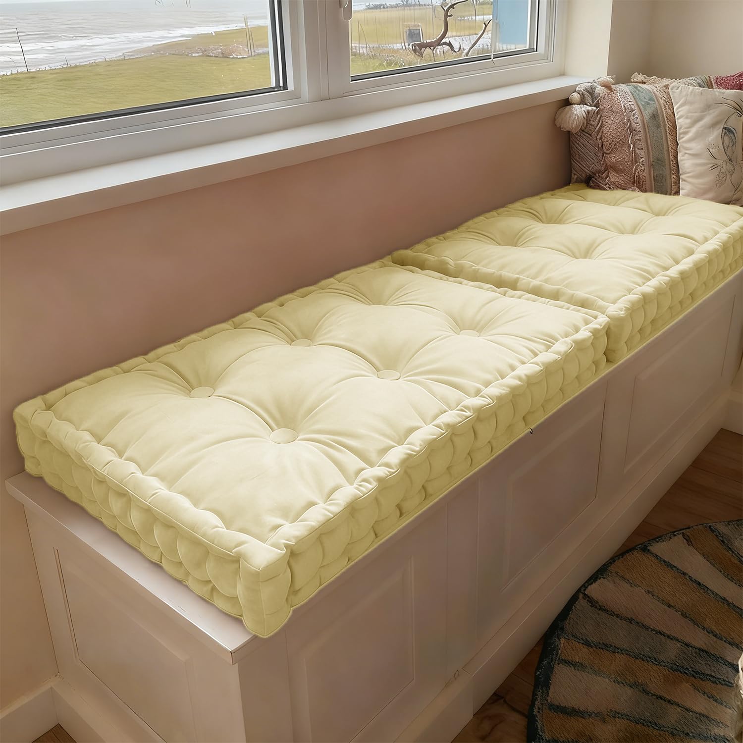 WLXFF Bench Cushion Indoor, Velvet Window Seat Cushions with Handle 10cm Thick Plush Windowsill Seat Cushion, Bay Window Cushion, Tufted Buttons Bench Seat pad for Piano, Dining Chairs,NO1,200x50cm