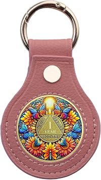 Premium Leather Coin Holder - Handmade Sobriety AA Coins Chip Keychain - Displays Both Sides of Sober Token Medallion Pet Challenge Coin - Pink Waterproof Scratchproof Soft PVC Key Ring
