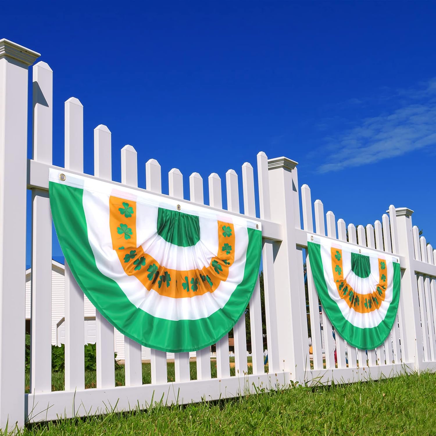 6 Pieces Shamrock Outdoor Flag St Patrick Banner 3 x 1.5 Feet Irish Bunting Half Fan Ireland Shamrock Flag Printed Polyester Pleated Fan with Grommet for Indoor Outdoor Decorations