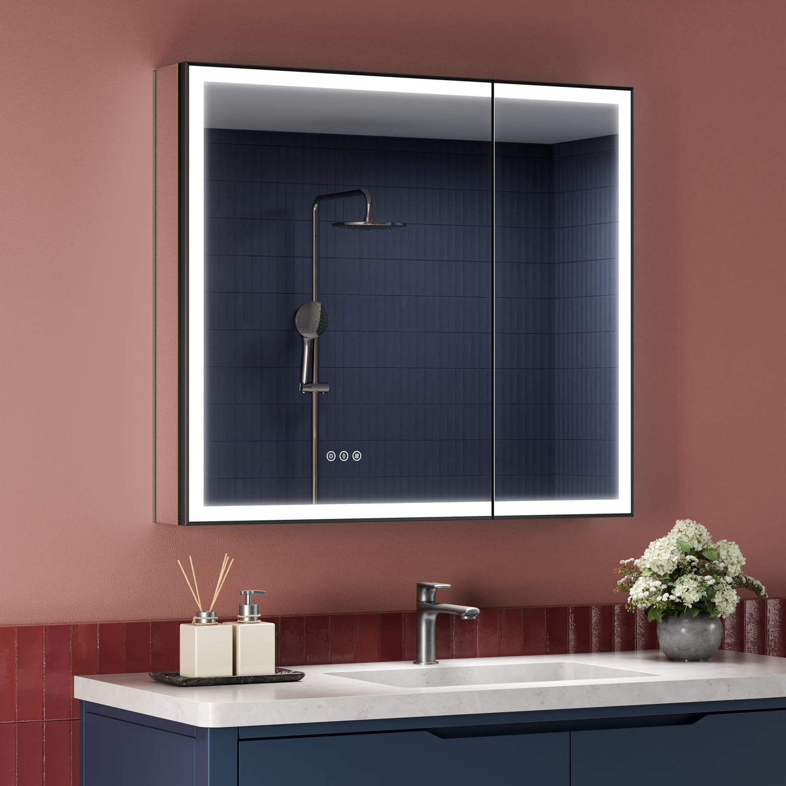 Photo 1 of ***FACTORY SEALED - OPENED FOR INSPECTION***  TIFULLHOME 36x32 Premium Black Framed Medicine Cabinet Mirror with Lights, Anti-Fog/3-Color/Dimmable, Aluminum, Plug-in & Hardwired, Surface Mount & Recessed, Centered Outlets & USBs, Magnetic Area