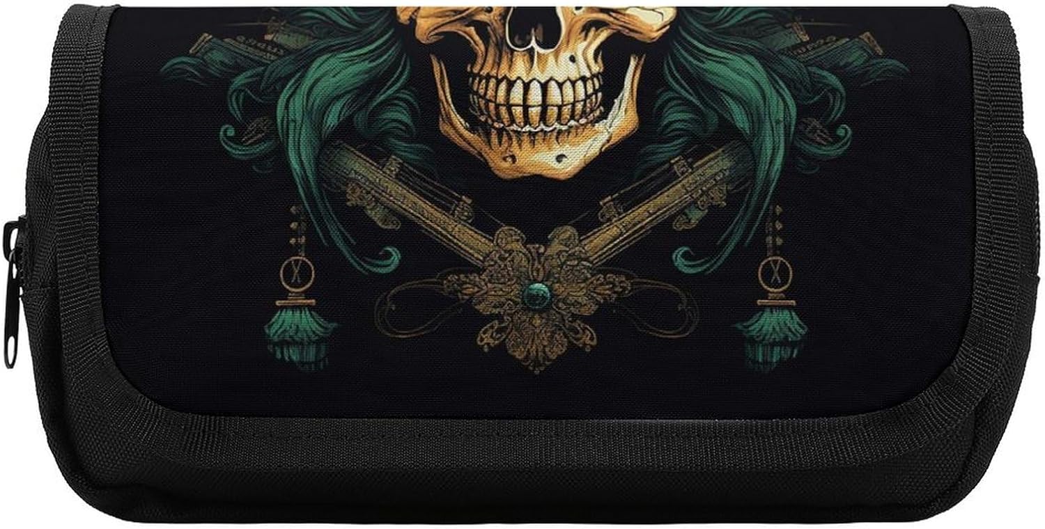 Pencil Case Pirate Skull Large Capacity Pencil Case Double Zipper Storage Bag 2 Compartments Portable Multifunctional Bag Desk Organizer Marker Pen Case