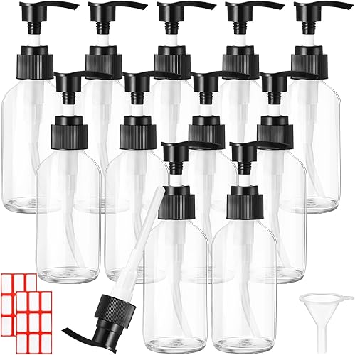 Miniatura 8 de Tanlade 12 botellas de vidrio de 4 onzas, botella de vidrio vacía de viaje con bomba, dispensador de jabón de manos de vidrio recargable, recipiente