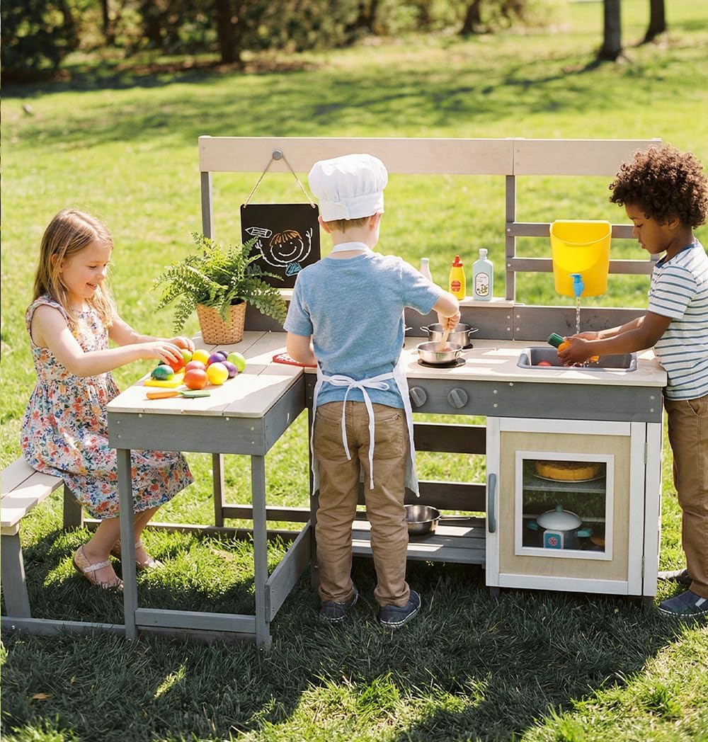 INFANS Mud Kitchen, Outdoor Play Kitchen with Faucet Chalkboard Stoves Removable Sink Cooking Accessories Wooden Kids Kitchen Playset Backyard Garden Toys Gift for Boys Girls Ages 3+