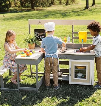 INFANS Mud Kitchen, Outdoor Play Kitchen with Faucet Chalkboard Stoves Removable Sink Cooking Accessories Wooden Kids Kitchen Playset Backyard Garden Toys Gift for Boys Girls Ages 3+