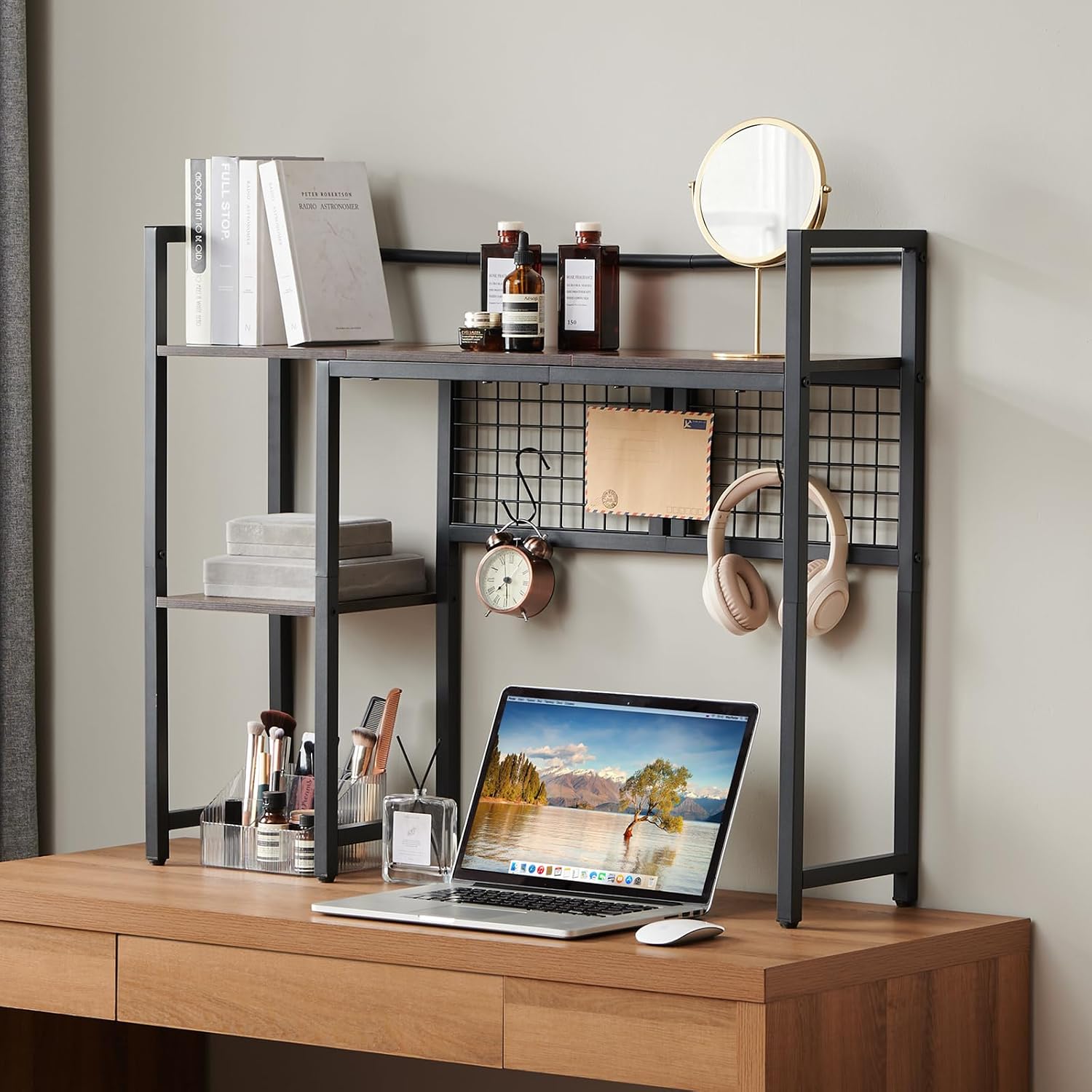 4-Tier Desk Hutch Shelf with Grid Panel, 36” Desktop Bookshelf for Monitor, Office & Home (Rustic Brown, 36")