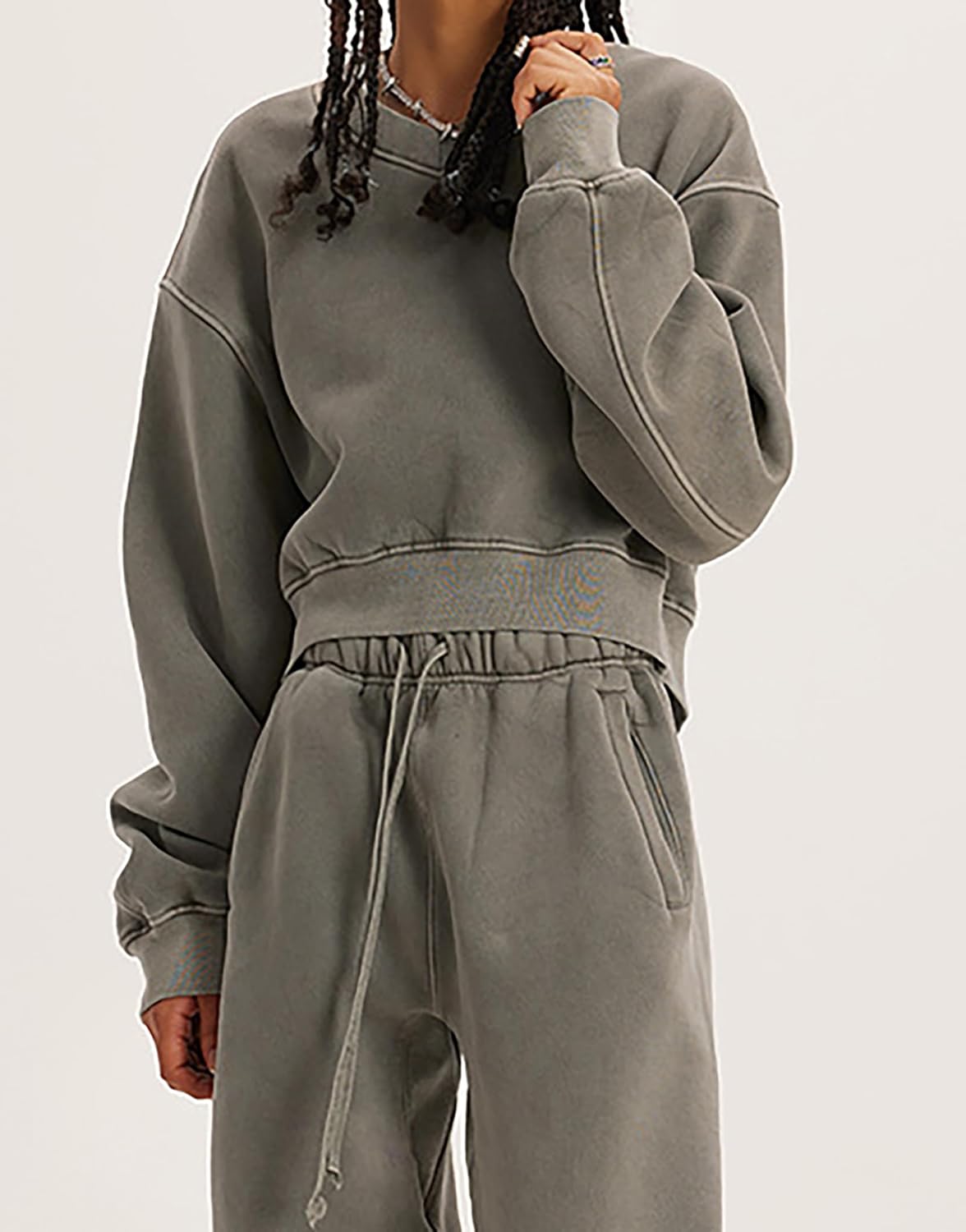 Meladyan Women Casual Cropped Sweatshirt Basic Solid Long Sleeve Fleece V Neck Loose Drop Shoulder Pullover Crop Tops Vintage - Image 5