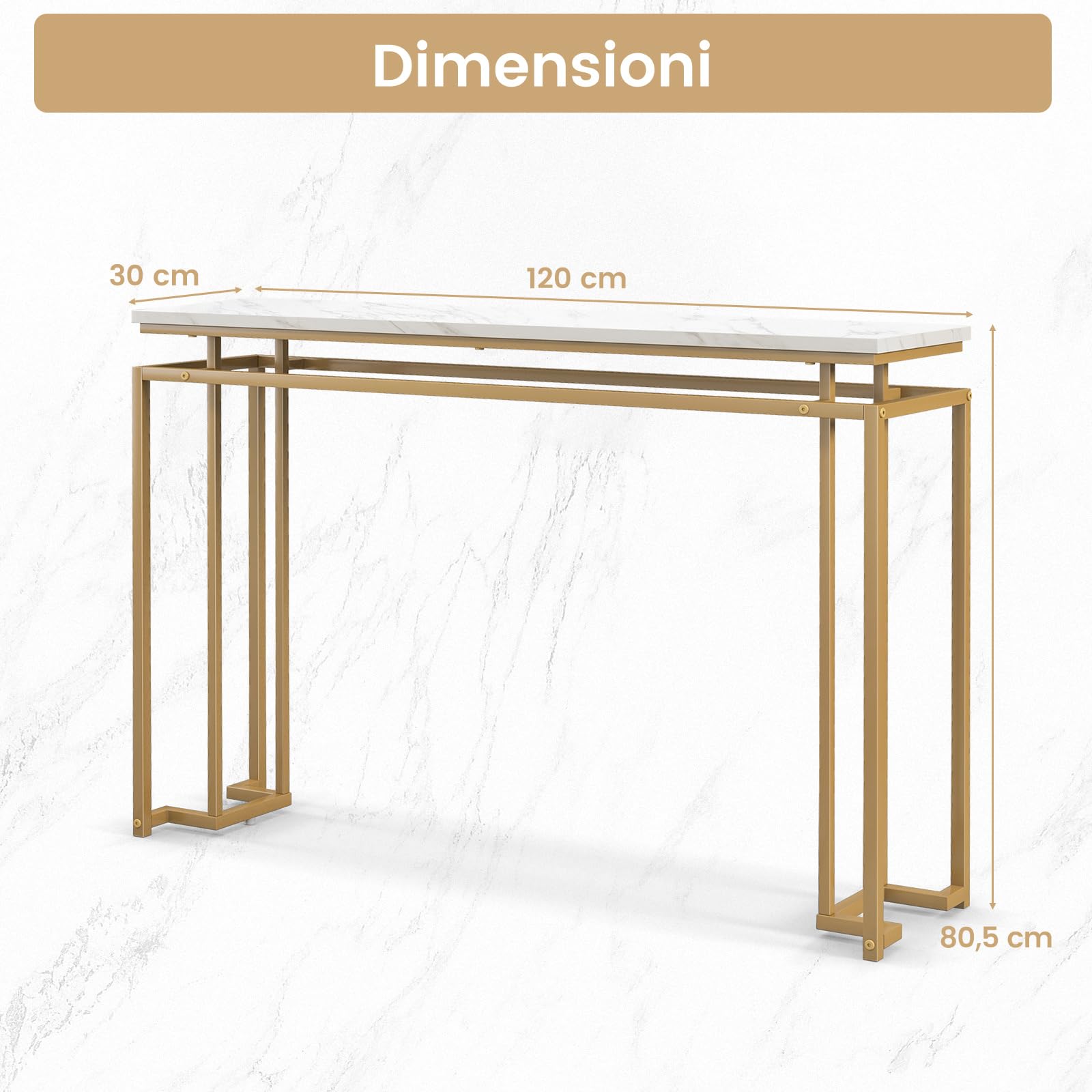COSTWAY Tavolo Consolle 120 cm con Piano Effetto Marmo (Bianco e Oro)