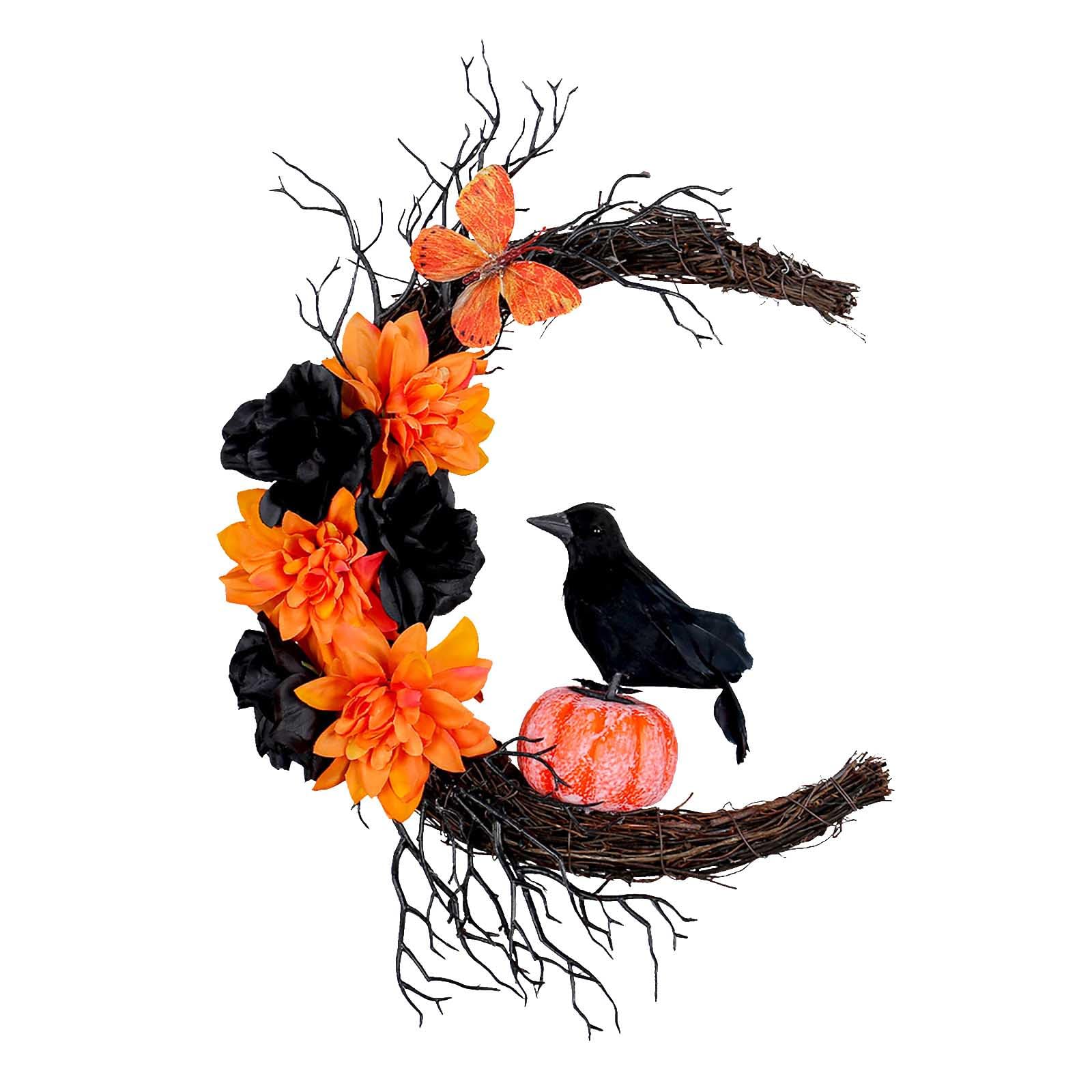 Halloween Wreaths For Front Door, Halloween Orange Pumpkin Black Crow Moon Wreath, Halloween Wreath Horror Decorations For Home Party Window Wall Indoor Outdoor, Autumn Door Wreaths For Front