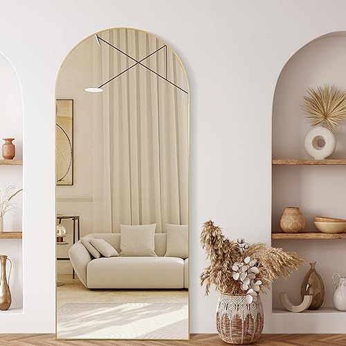 Espejo arqueado dorado de longitud completa con soporte, 30 x 71 pulgadas, espejo de tocador grande de cuerpo completo para colocar de pie en la