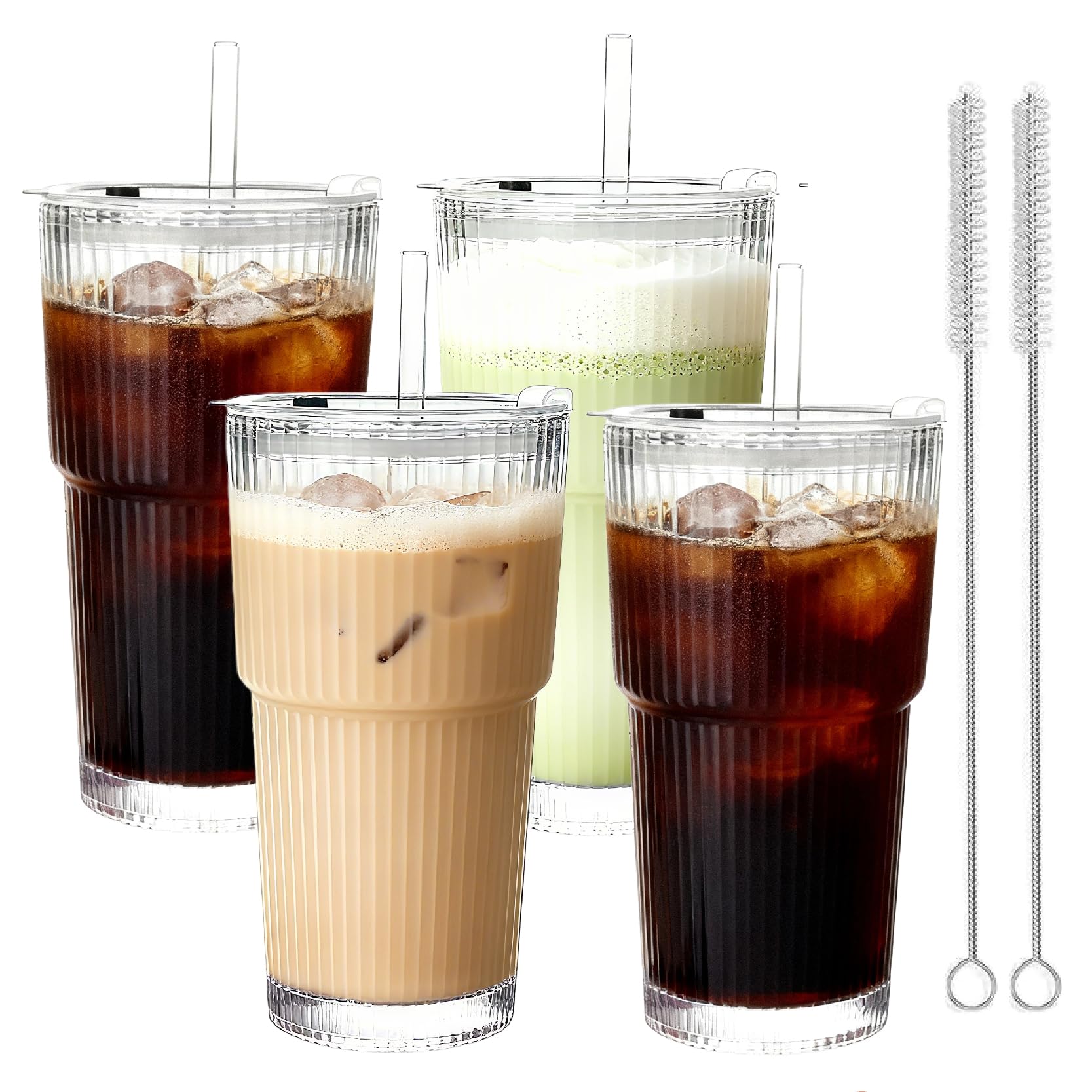 Lot de 4 tasses à café glacé en verre fin nervuré de 600 ml avec couvercles