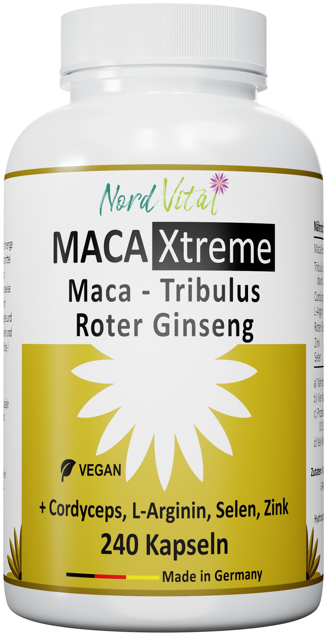 Maca Kapseln mit Ginseng, Cordyceps, L-Arginin und Tribulus Terrestris – ultra hochdosiert – mit Zink und Selen – 240 vegane Kapseln – deutsche Herstellung - hochwertige Rezeptur