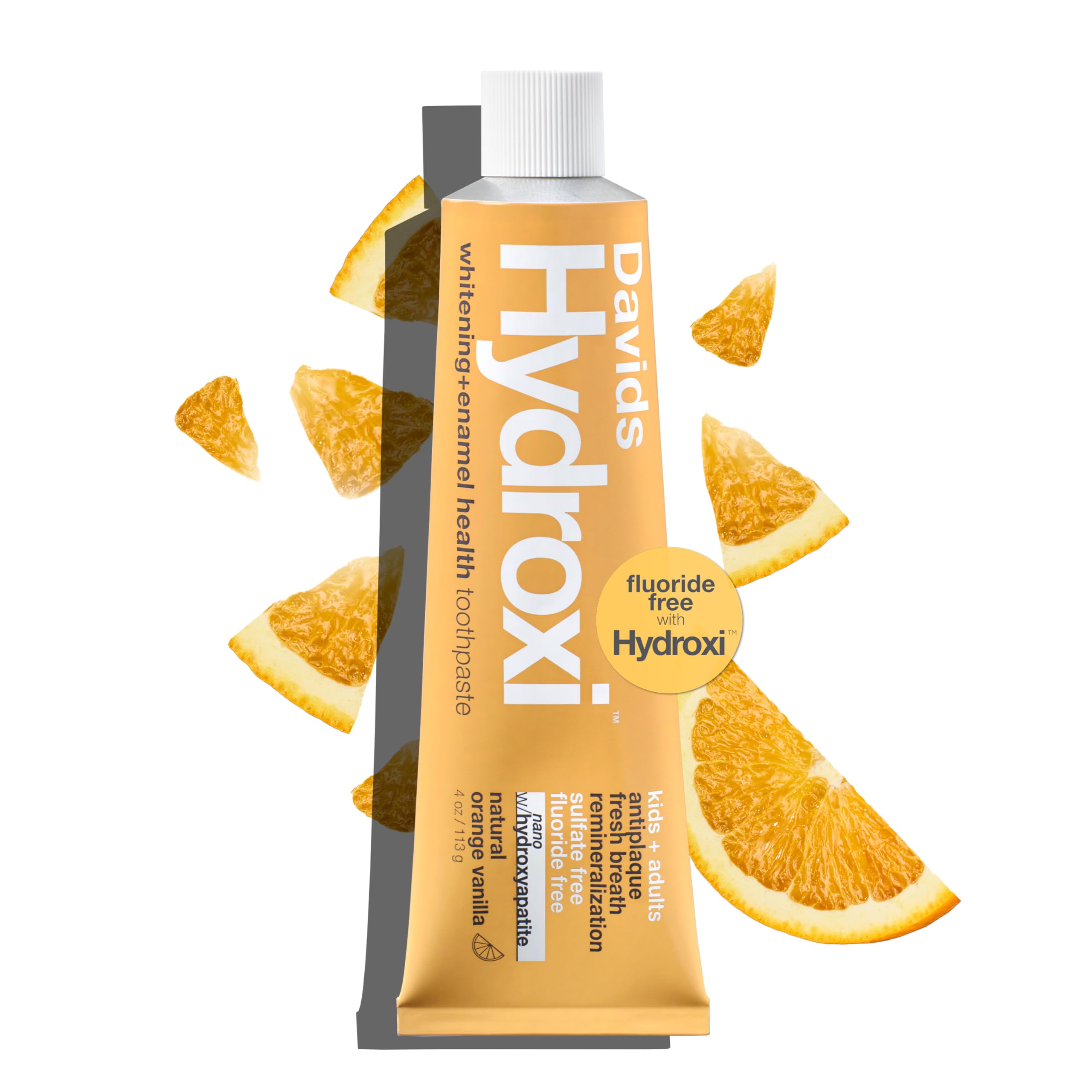 DavidsHydroxi Fluoride Free Nano Hydroxyapatite Toothpaste for Enamel Health & Whitening, Antiplaque, SLS Free, Kid Friendly Orange Vanilla Flavor, 4 oz, Made in USA