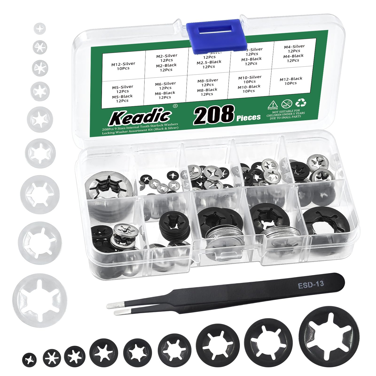 Keadic 208Pcs M2 M2.5 M3 M4 M5 M6 M8 M10 M12 Internal Tooth Star lock Washers Assortment Set