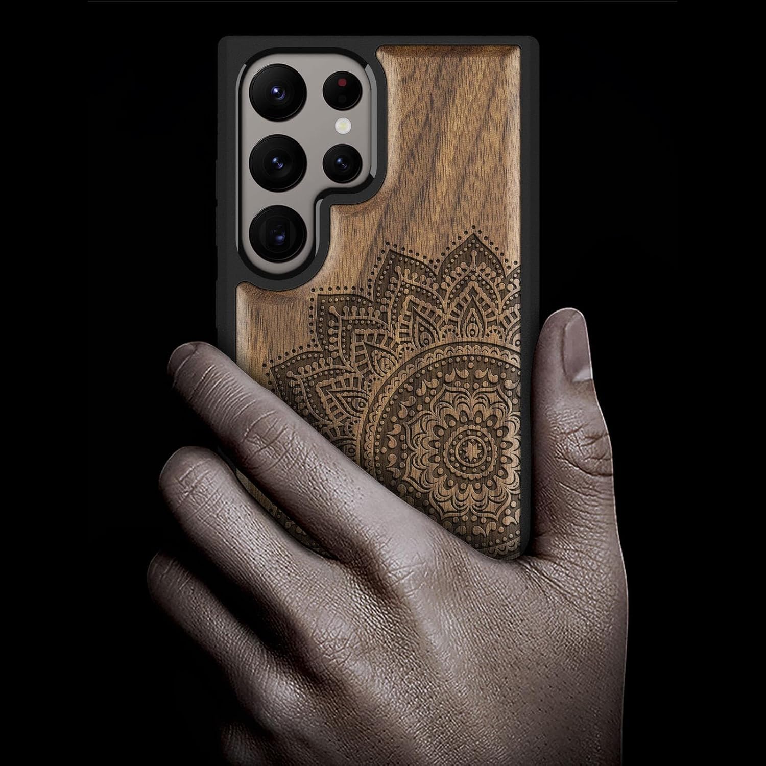 Carveit Wood Case for Galaxy S24 Ultra Case [Natural Wood & Black Soft TPU] Shockproof Protective Cover Unique Wooden Design Compatible with Samsung S24 Ultra (Mandala Art-Walnut)