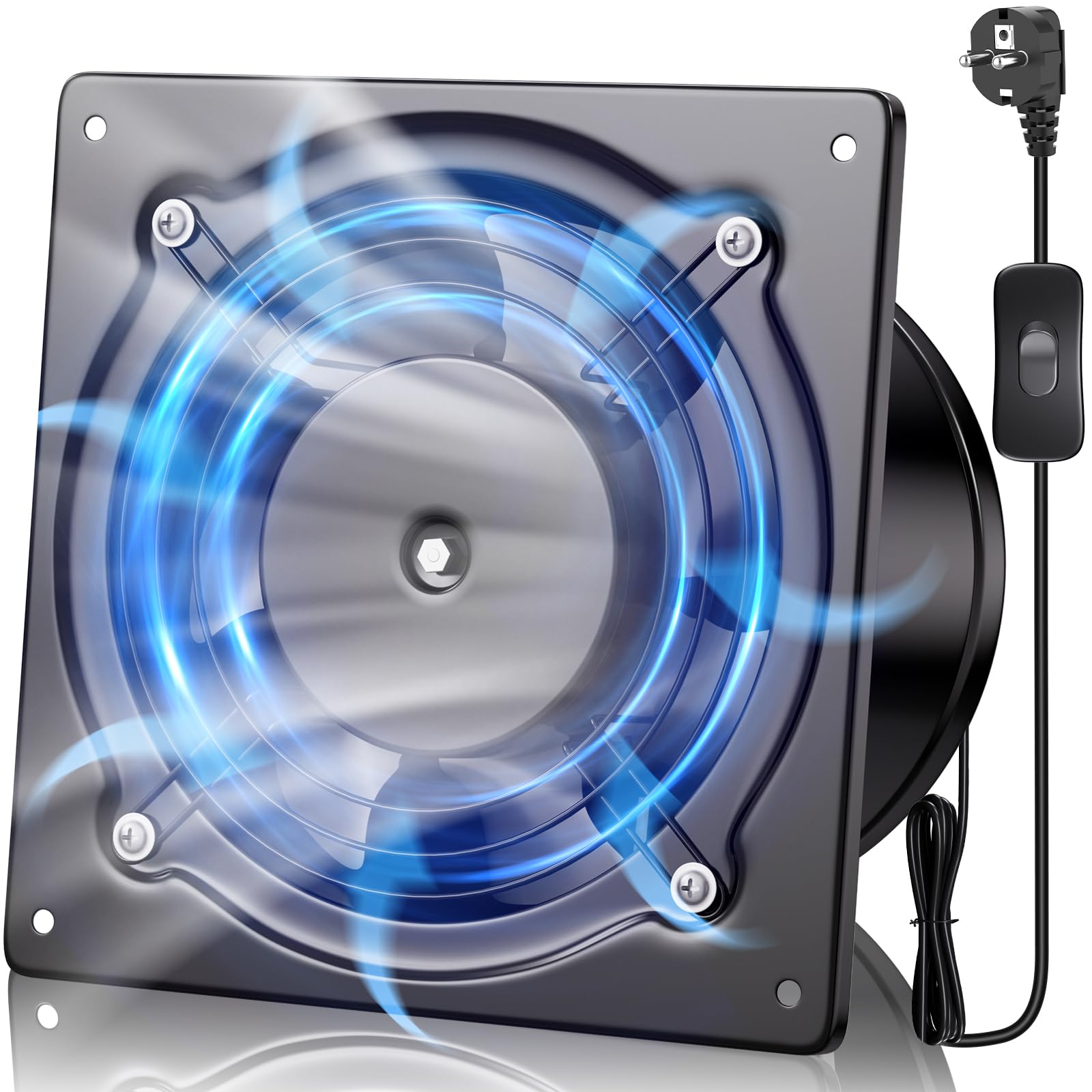 Hon&Guan Abluftventilator 150mm mit Schalter, Badlüfter Industrielle Metal 38W Außenläufermotor Wandventilator mit Rücklaufklappe für Garage Lagerhaus Dachboden und Werkstatt (Schwarz)