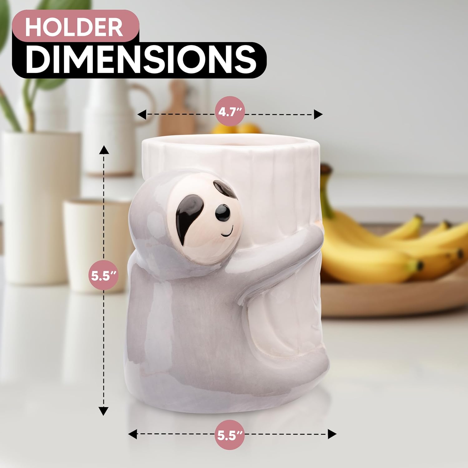 Sloth Utensil Holder - Kitchen Crock Storage Holder - Sloth Gifts For Women Holiday Decor - Glazed Ceramic Organizer - Sloth Birthday Party Supplies Accessories Decorations