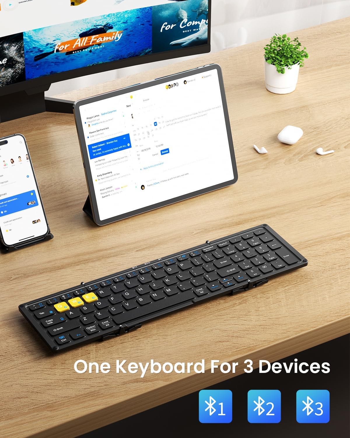 Foldable Bluetooth Keyboard, Folding Portable Wireless Keyboard with Numeric Keypad, Pocket Travel Keyyboard for MacOS Android Windows iOS, Sync Up to 3 Devices (BT5.1 x 3)