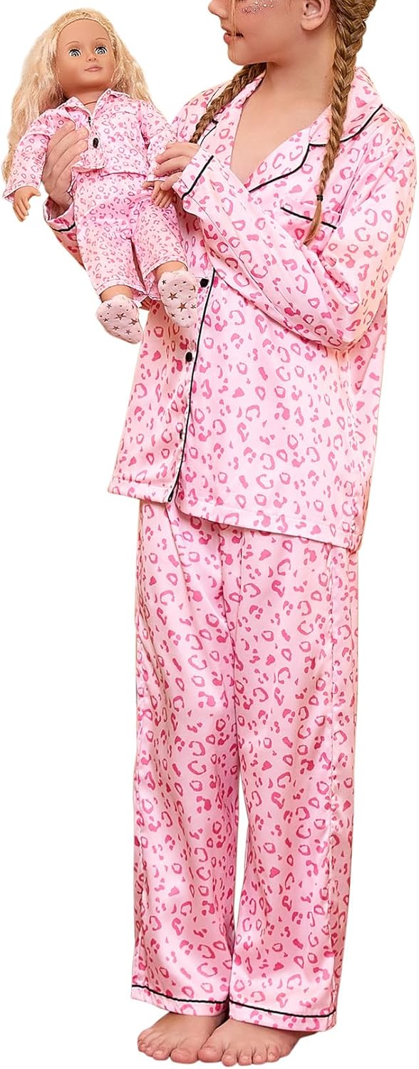 QPANCY Matching Girls&Dolls Pjs Set Long Sleeve Silk Pajamas Button Down 2 Piece Satin Sleepwear