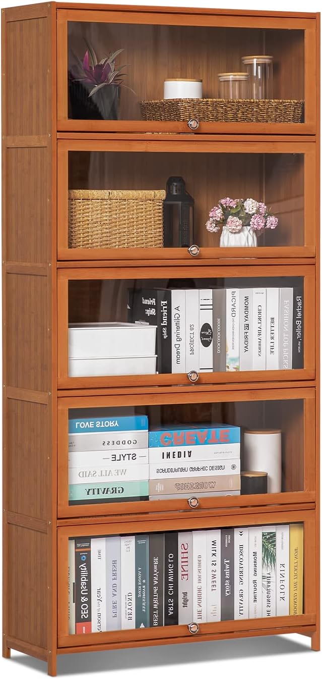 MoNiBloom Bamboo Bookcase with Acrylic Doors 5 Tier Free Standing Book Shelf Storage Organizer for Living Room Office Bedroom, Brown