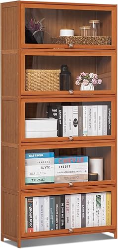 Miniatura 24 de MoNiBloom Estantería de 4 niveles con puertas acrílicas, estante organizador de bambú para ahorrar espacio para estudiantes de niños, dormitorio,