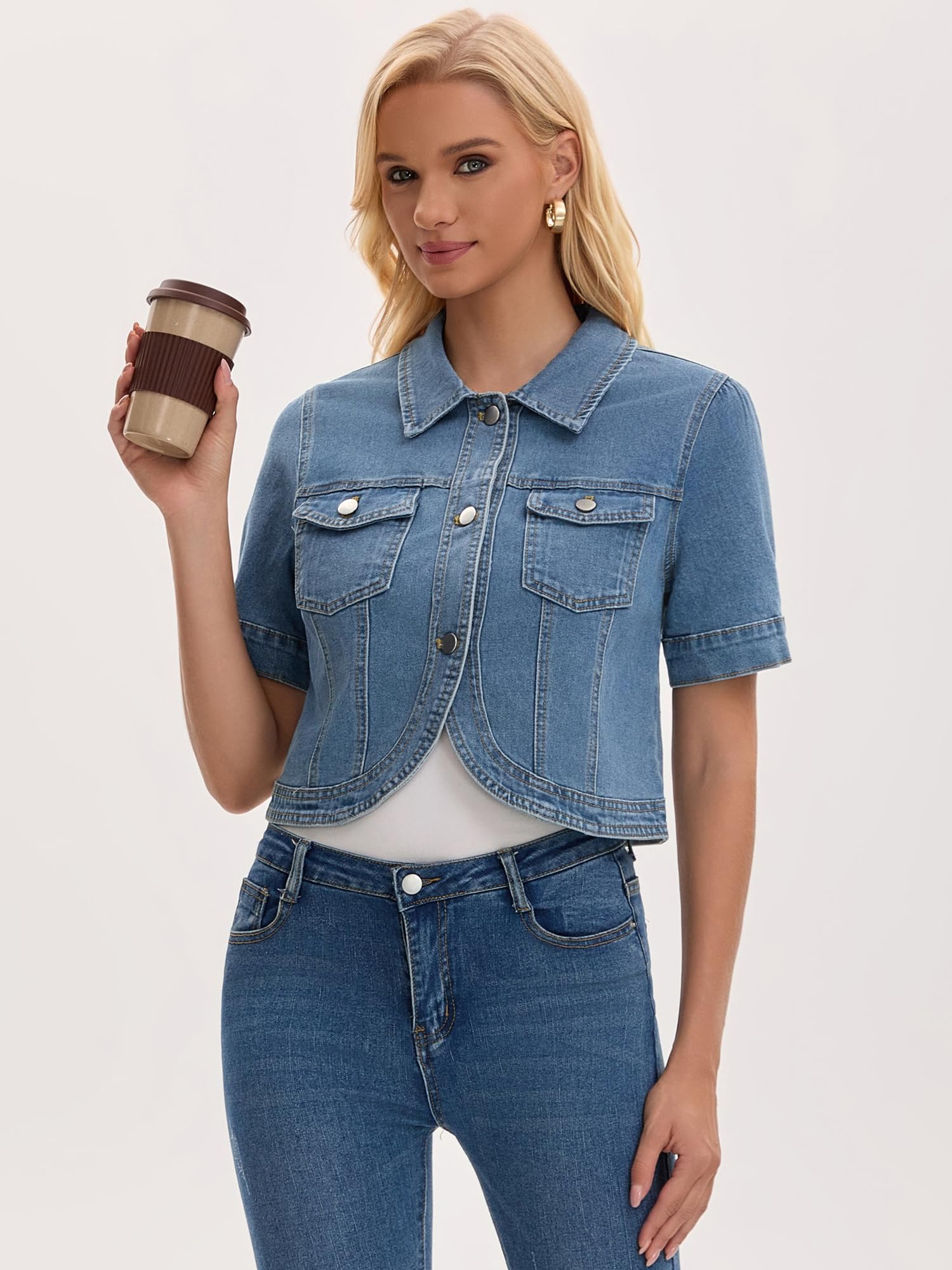 Veste en Jean Femme Manches Courtes Blouson Courte Boutonnée avec Poches Style Rétro et Classique Boléro en Denim