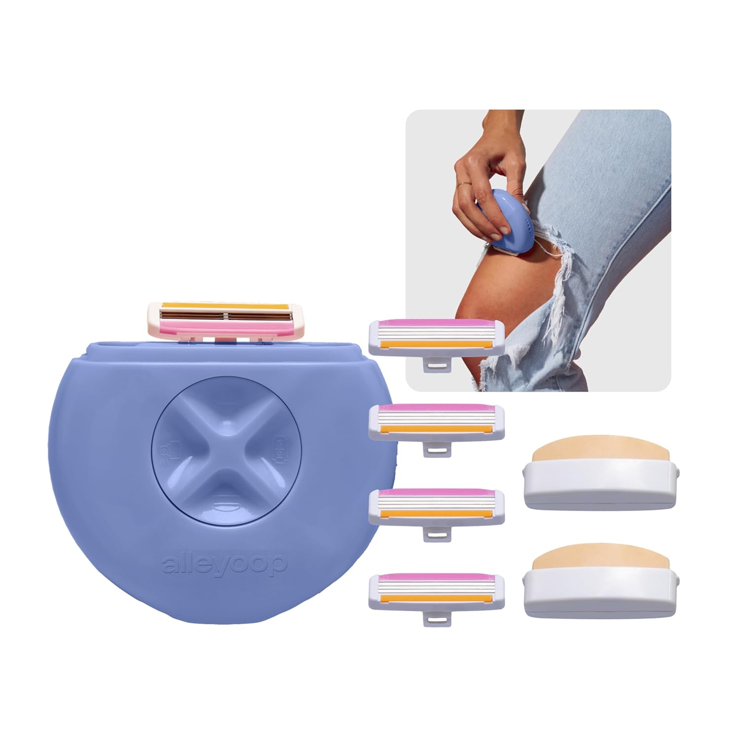 Alleyoop Portable Travel Razor for Women (Periwinkle) + Stay Sharp Refill Pack – On-the-Go Triple-Blade Razor with Moisturizing Bar & Extra Cartridges