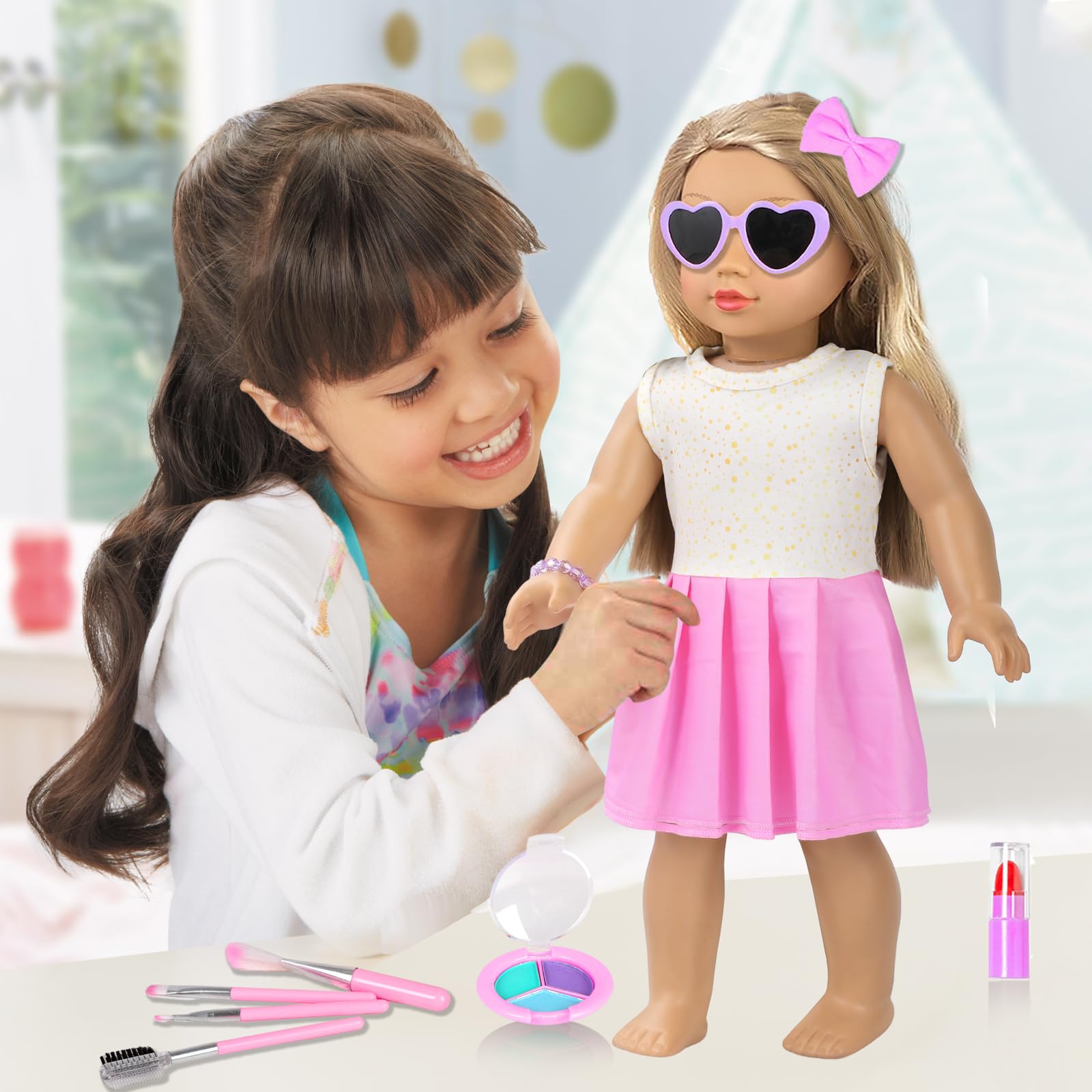 American - Estuche de accesorios para muñecas de 18 pulgadas, juego de maquillaje de viaje con ropa, bolsa de mano, gafas de sol, sombra de ojos, lápiz labial, horquilla, pulseras, cepillo de pestañas