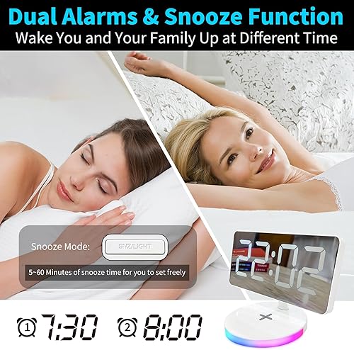 Miniatura 5 de Reloj despertador digital con carga inalámbrica, espejo de escritorio, pantalla grande con luz RGB, alarma dual, repetición, cargador USB, atenuador