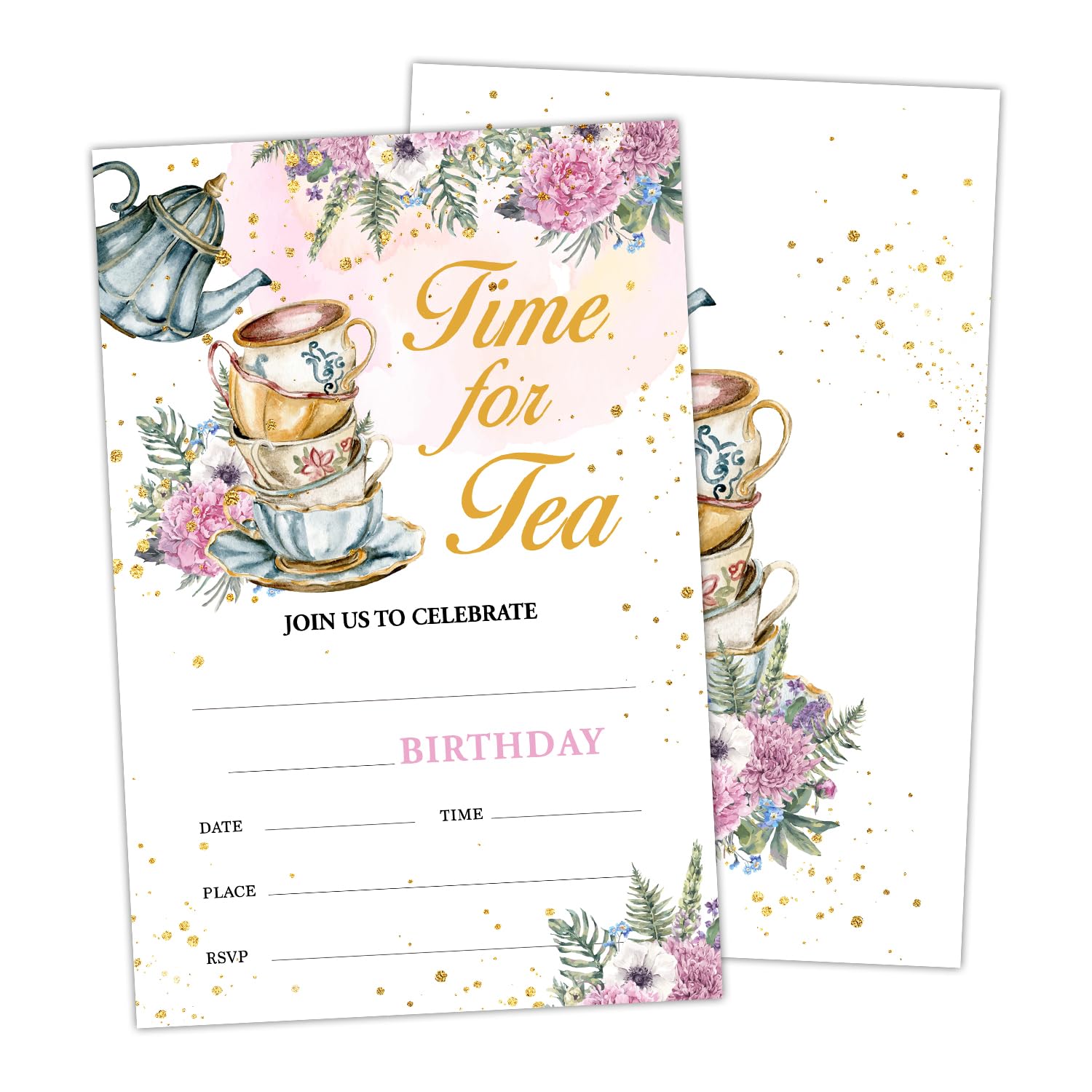 rizotus Tea Floral Party Birthday Invitations for Girl, Royal Princess Birthday Party Invites Cards for Kids, Time for Tea Party Celebration, Set of
