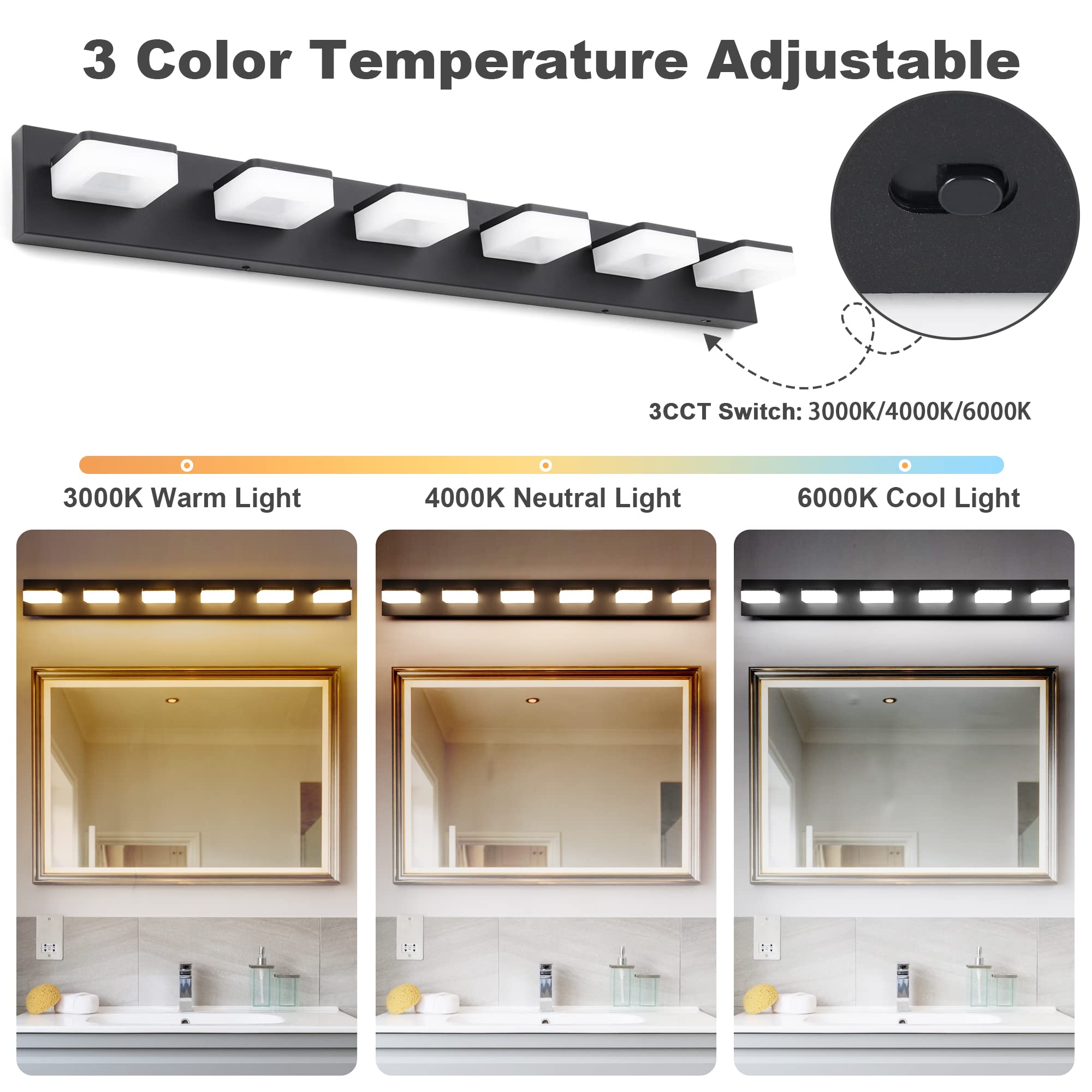 GOODATE Dimmbare Badezimmer-Leuchte über Spiegel, LED-Schminktischleuchten, Acryl, Edelstahl, 6 Leuchten, verstellbar, 3000 K/4000 K/6000 K, 360° drehbar