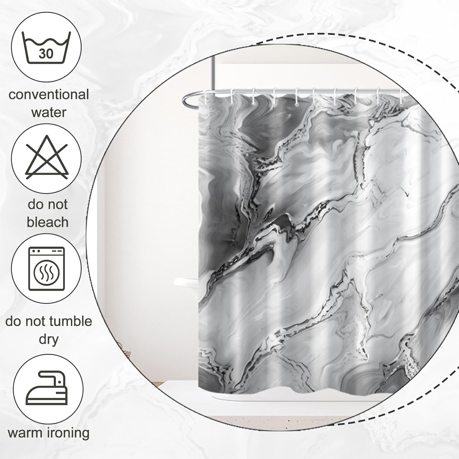 Grey Marble Shower Curtain Waterproof Fabric Shower Curtain with Hooks Bathroom Decor 72x84 inch