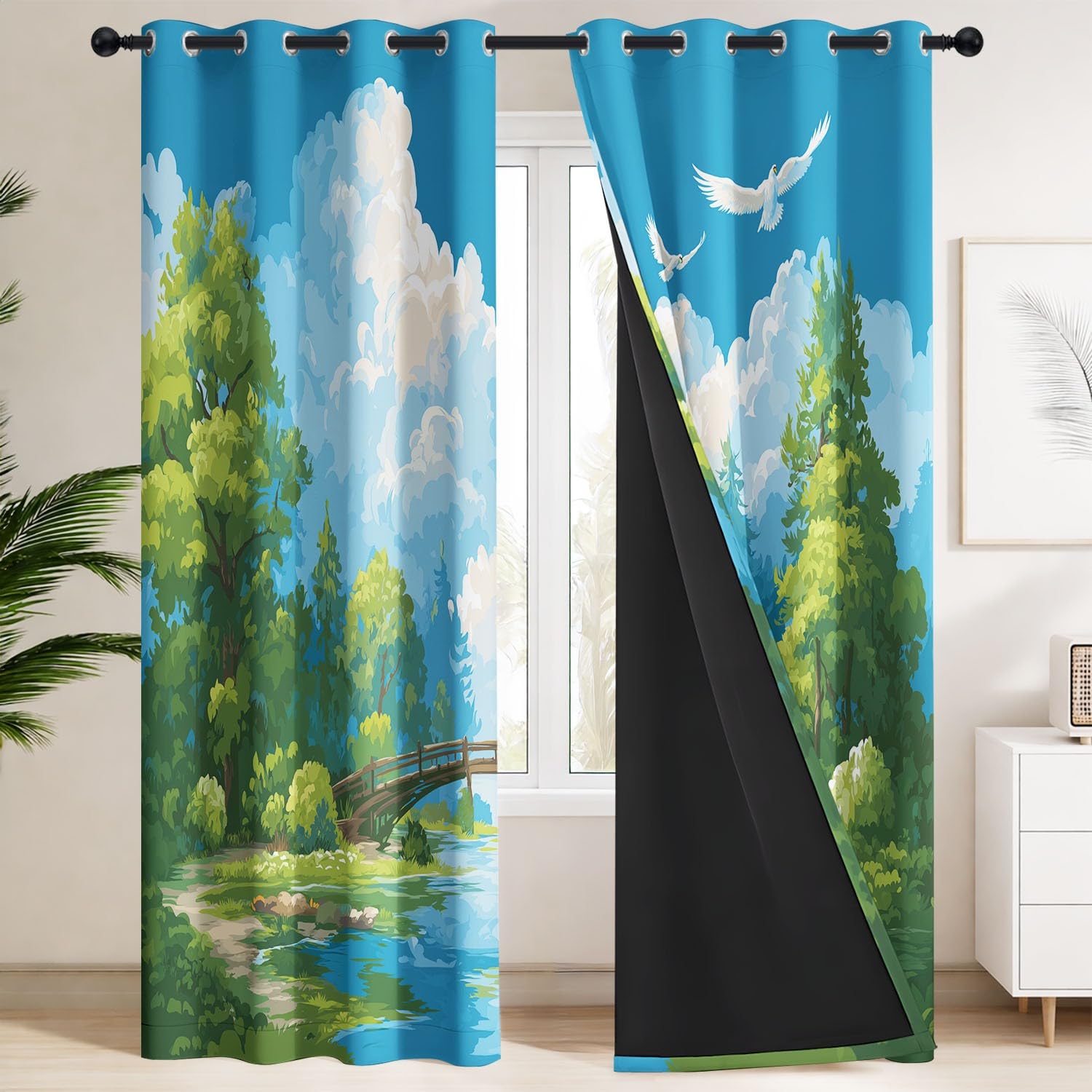 Générique Rideaux Occultants Nature Fraîche 140L X 260H cm Lac Serein, Pont Bois, forêt luxuriante – Isolation Thermique et Protection de l'Intimité, 2 Panneaux pour Chambre d'enfant