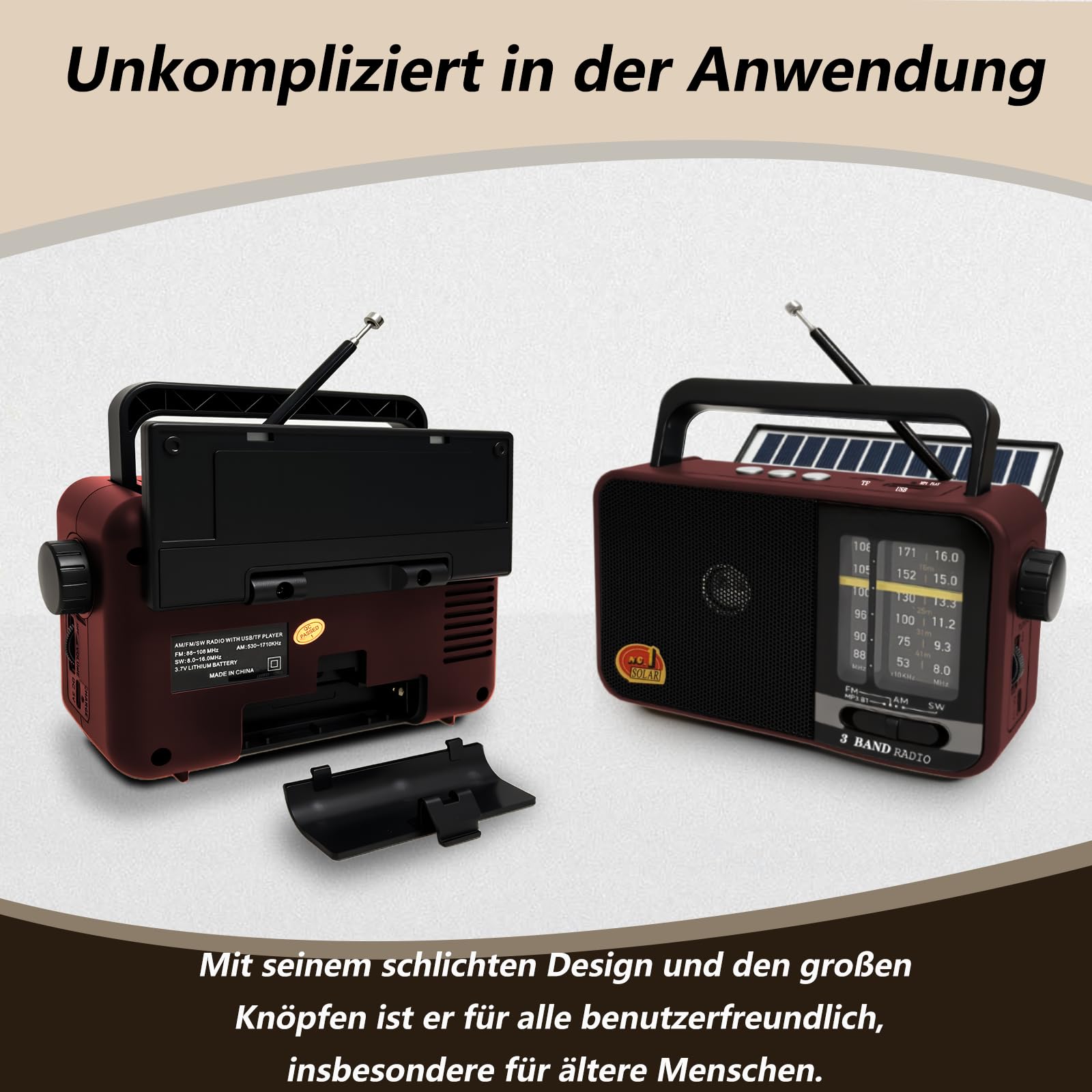 Bluetooth Radio mit Solarzelle, AM/FM/SW Kofferradio mit 1200-mAh-Akku, 8-W-Lautsprecher, USB/TF/TWS, tragbar für Küche, Garten und Camping (Red)