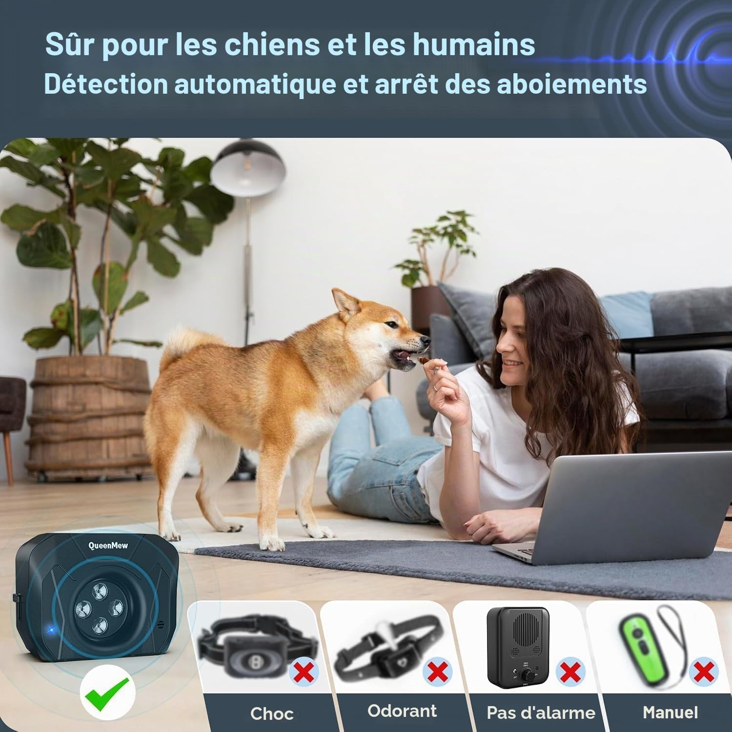 Dispositif Anti Aboiement Chien, 4 Émetteurs des Anti Aboiement Chien Ultrason, Boitier Anti Aboiement Chien de 33 Pieds, Alarme avec 3 Modes de Fréquence Réglables pour Grands et Petits Chiens