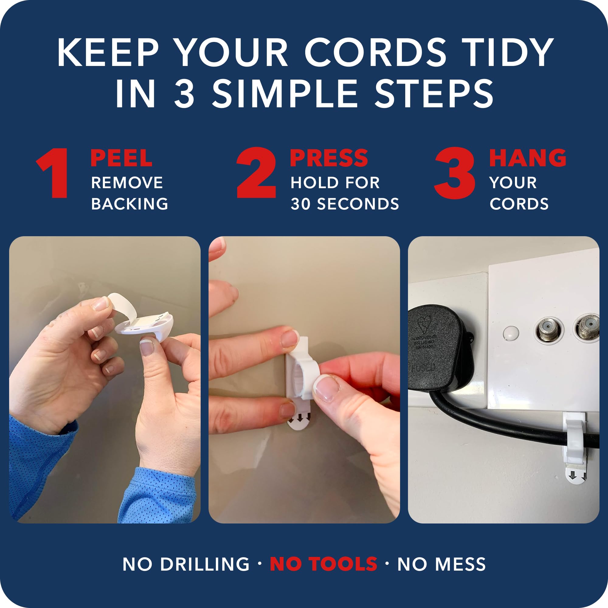 Takker - 4 x Cable Holder Tidy with 8 x Sticky Strips | Cable Hooks, Strong Adhesive, Easy Application, Damage-Free Removal, Re-Useable, No Sticky Residue, for Home, Bathroom, Kitchen, Walls — Amazon image 2