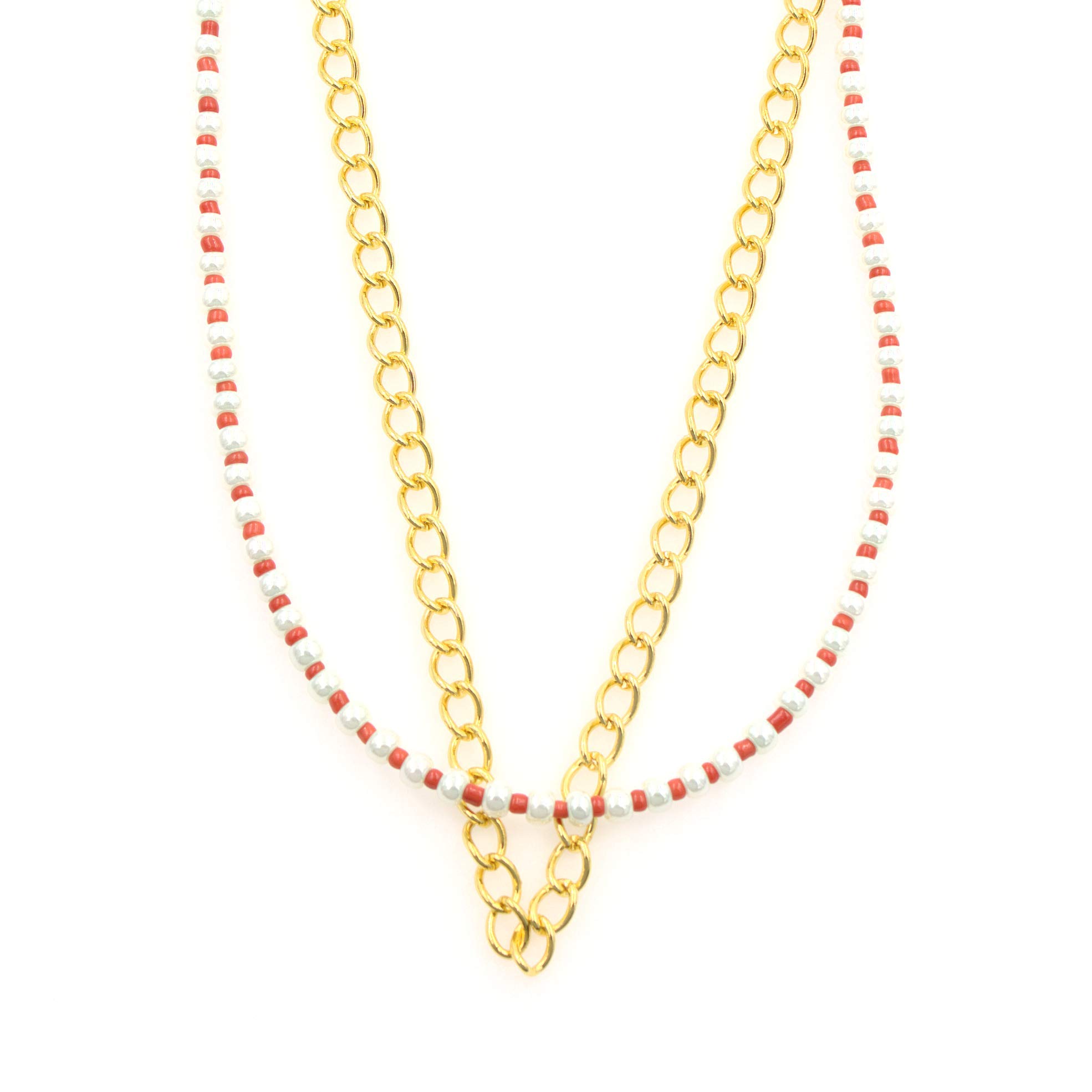 Martiana JewelryChunky Cable Chain Multistrand Necklace - Pastel Green Coral Red Glass Beads Bright Gold Tone 16in