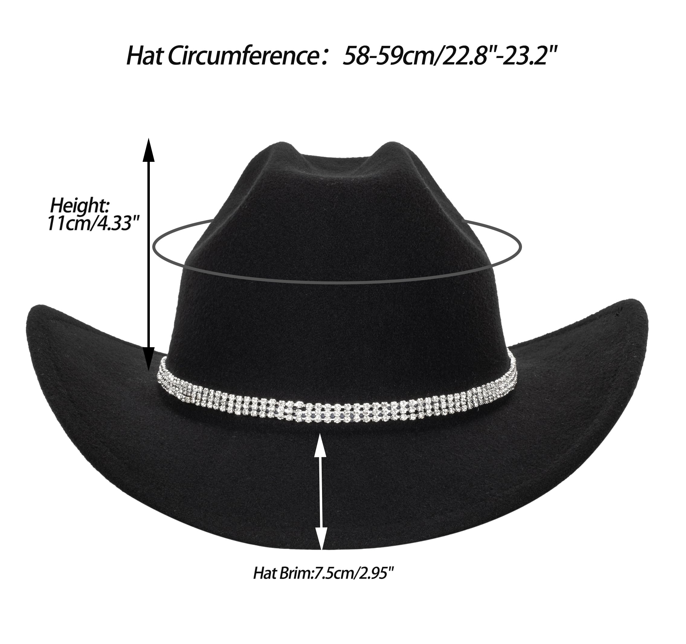 Sombrero clásico de Fieltro Occidental de Vaquero para Mujeres y Hombres, Sombrero de Jazz con Banda (Lagre), Negro (Black with Rhinestone), Large