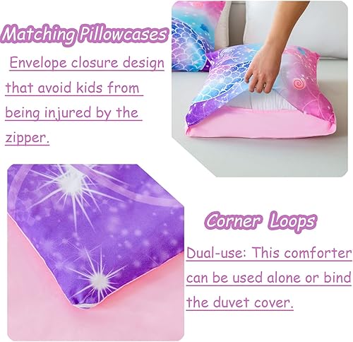 Miniatura 5 de ZRNBAST Juego de edredón de sirena tamaño Queen para mujeres y niñas, juego de ropa de cama rosa, morado, turquesa, degradado, multicolor, arco