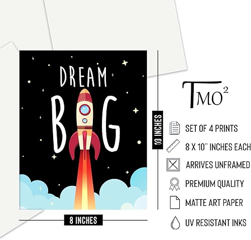 Miniatura 5 de Arte de pared espacial para dormitorio de niños, decoración de habitación del espacio exterior para niños, juego de 4 carteles sin marco (8 x 10