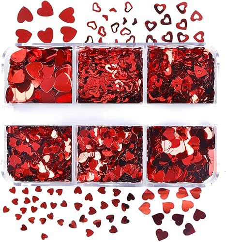 Miniatura 5 de 6 rejillas de corazón rojo con purpurina lentejuelas holográficas de corazón calcomanías de arte de uñas de amor calcomanías de uñas para el día de