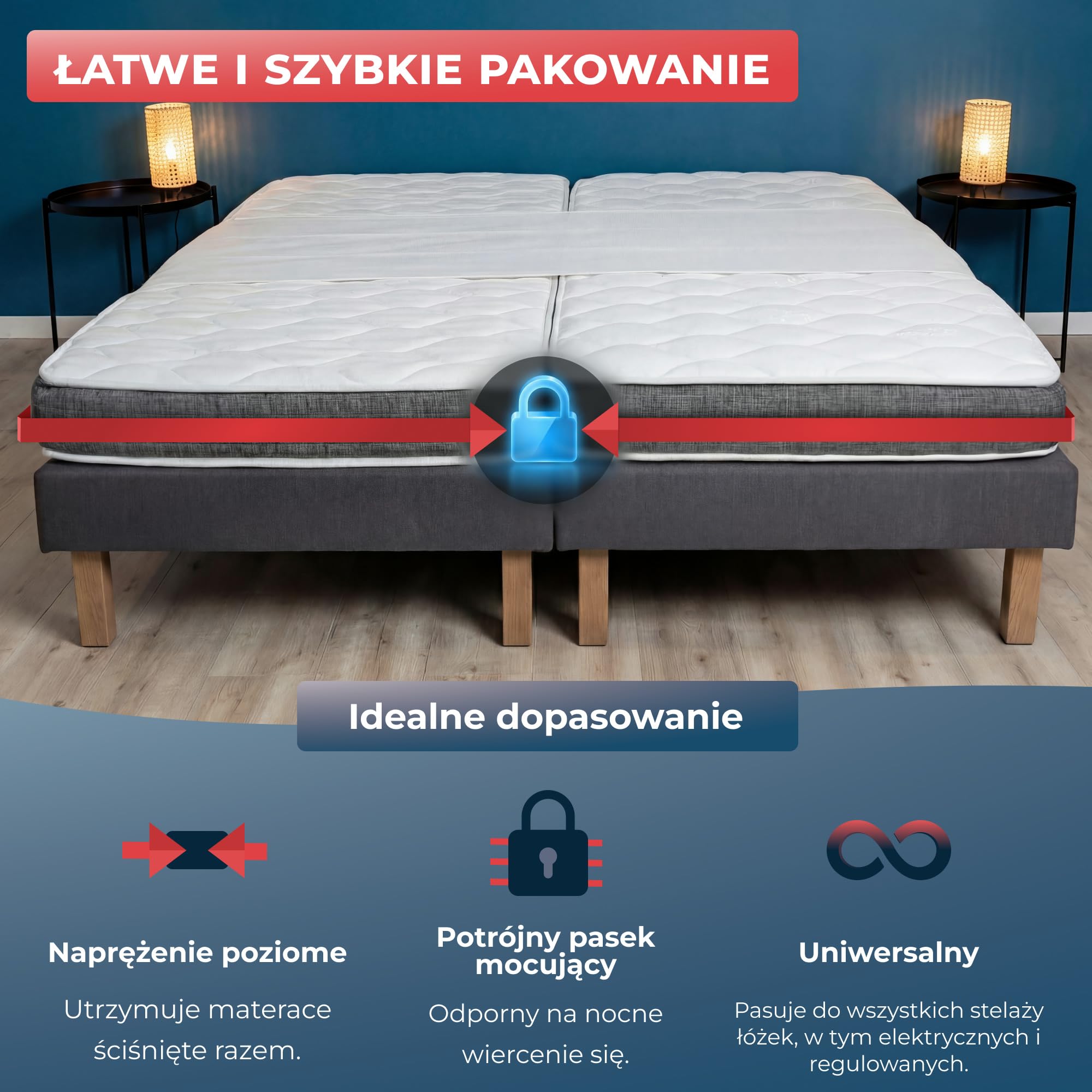 Wrappybag – Uniwersalny łącznik do materacy z pasami – Łączy dwa materace bez przesuwania i szczelin – Oddychająca tkanina OEKO-TEX – Szybki i trwały montaż