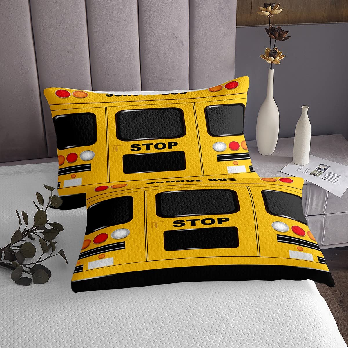 Divertido autobús escolar acolchado, estampado frontal amarillo para niñas, niños y adolescentes, juego de colcha de estilo infantil de dibujos animados para habitación del vehículo, 3 piezas tamaño